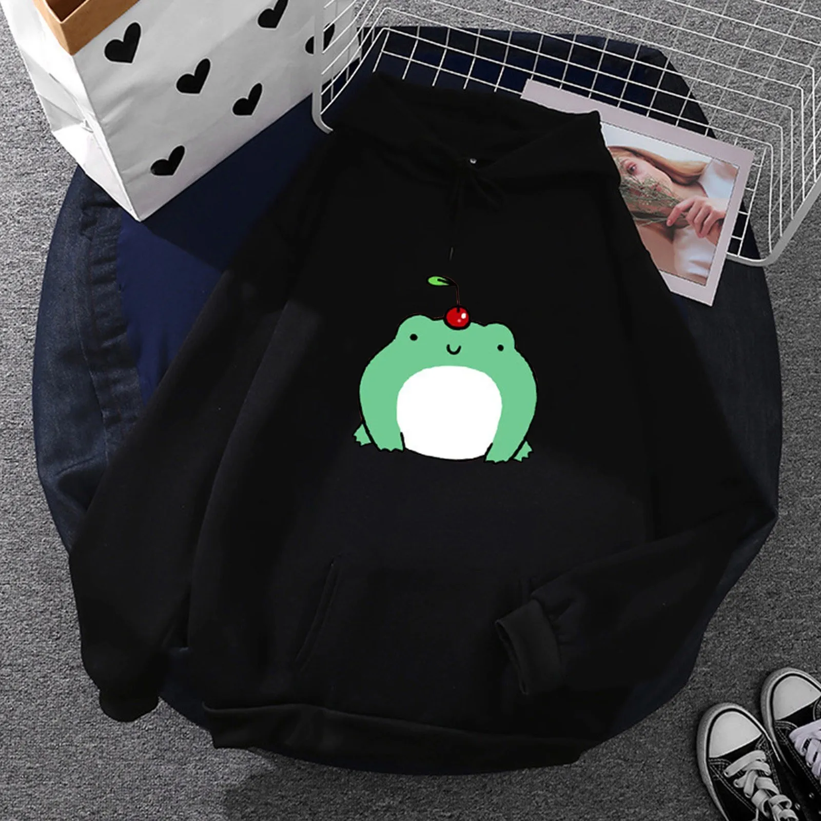 

Womens Casual Frog Print Long Sleeve Hooded Pocket Sweatshirt Loose Tops Fleece Sweater Zip Long Sleeve Pullover Sweater