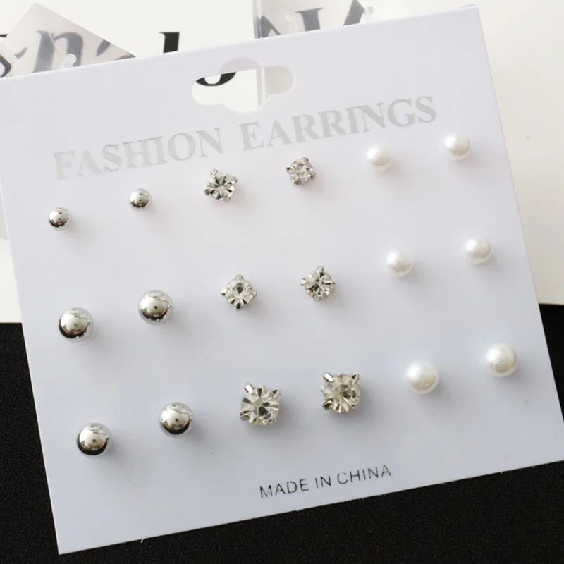 

9Pairs/Set Fashion Round Square Crystal Gold Color Stud Earrings Simulated Pearl Ball Silver Color Earring Set for Women Jewelry