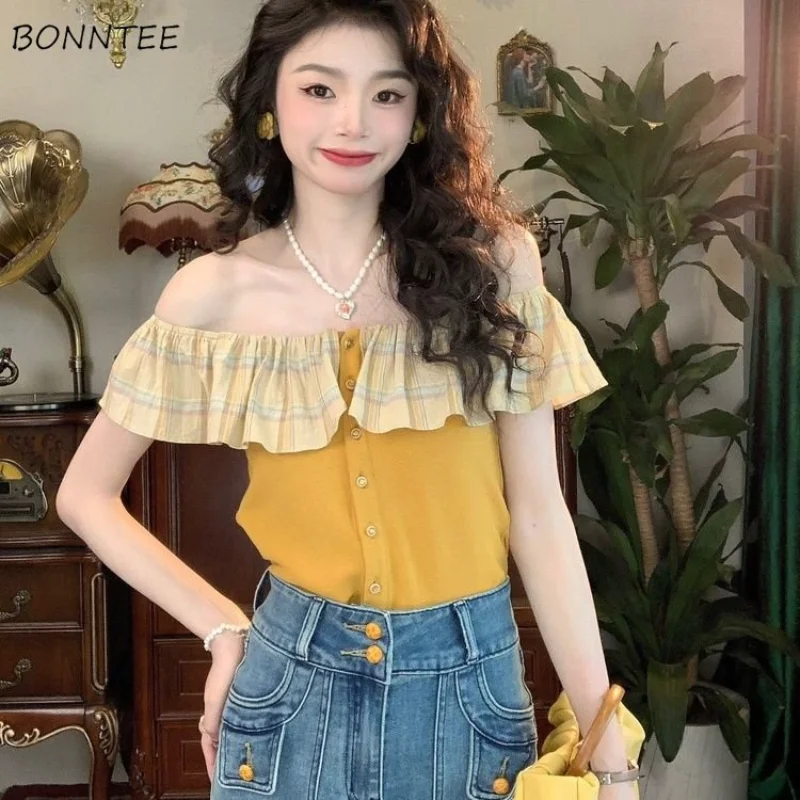 

Shirts Women French Style Ruffles Design Vintage New Summer Girlish All-match Slim Popular Hotsweet Slash Neck Graceful Casual