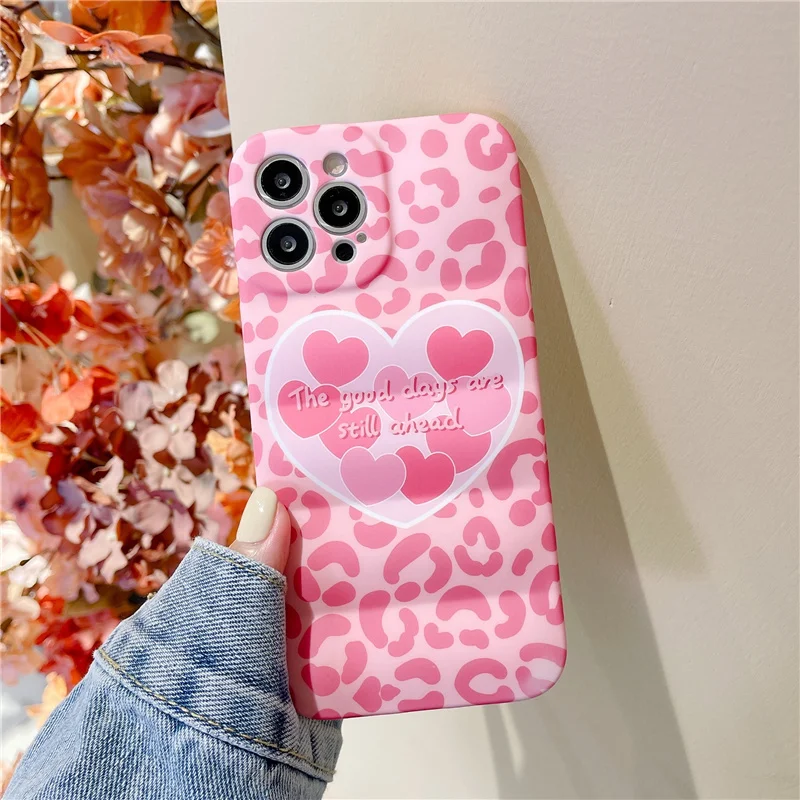 

13 Pro Case Sexy Pink Leopard Heart Wave Puffer Lens Full Cover for iPhone 11 12 13 Pro Max XR X XS 7 8 Plus Love Jacket Cases