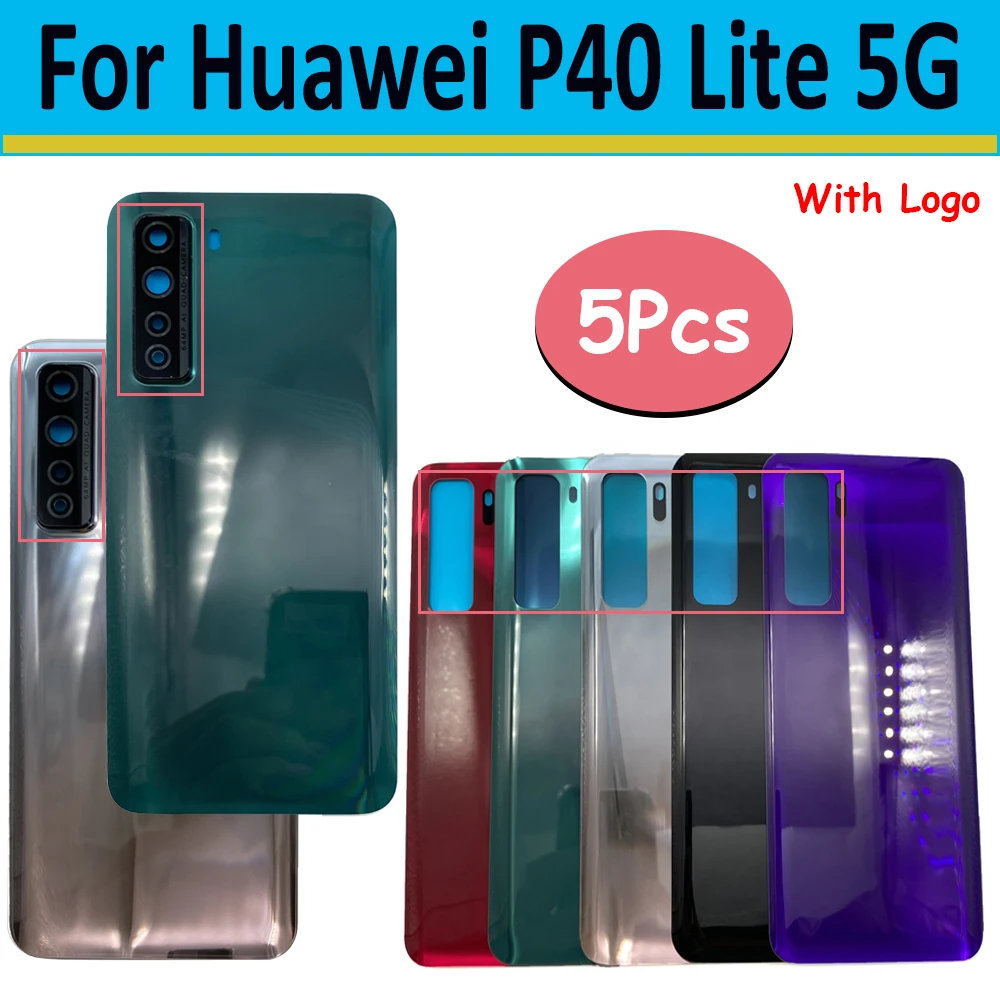 

5 шт., новинка, задняя крышка батарейного отсека для Huawei P40 Lite, Задняя стеклянная крышка батарейного отсека с рамкой для объектива камеры с наклейками