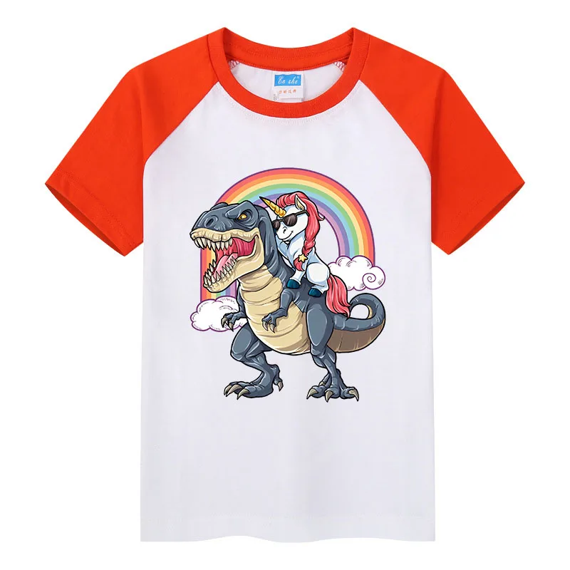

Детская футболка с принтом единорога и динозавра, летняя повседневная футболка с коротким рукавом для мальчиков, одежда реглан