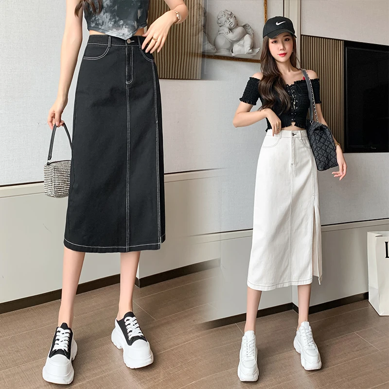 

Make spot in the spring and summer split skirts long bump color line black cowboy A word long white dress