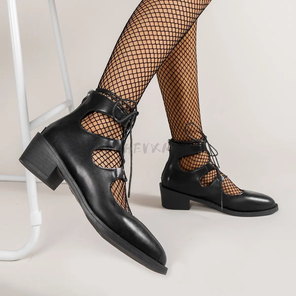 

Square Toe black Sandals Retro Summer Women Ankle Boots Medium Heel Chunky Lace Up Shoes Patent Leather Gladiator Mid Calf Brand