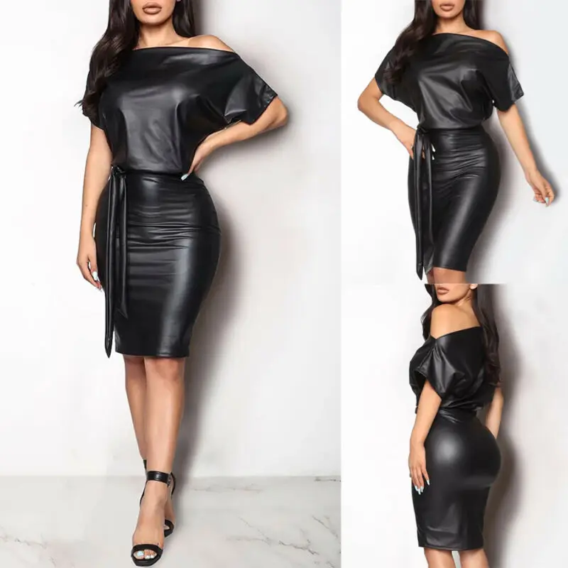

New Women Sexy PU Leather Dress Elegant Formal Party Office Lady Midi Dress Skinny Zipper Black Dress Off shoulder Bandage Club