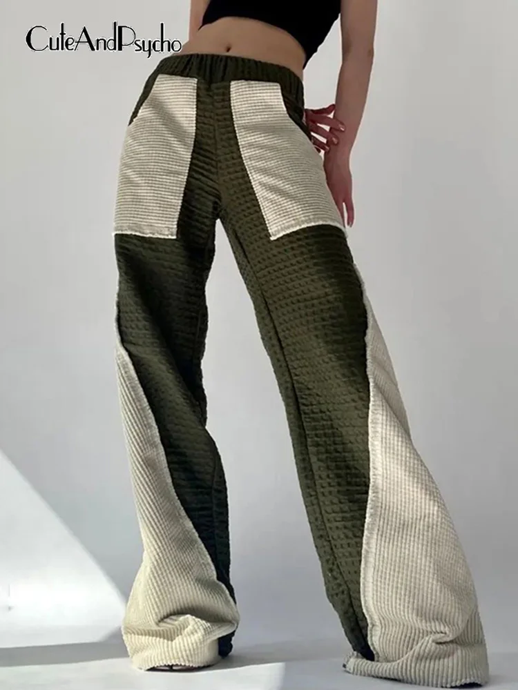 

Cuteandpsycho Contrast-color Patchwork Trousers Elastic Waisted Y2K Casual Loose Baggy Sweatpants Joggers Women Harajuku Pants