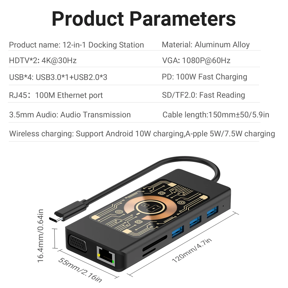 Док-станция 12-в-1 С Беспроводной Зарядкой 4K HDTV/VGA USB 3.0 (5 Гбит/с)/2 0 Портов Аудио 3 5 Мм