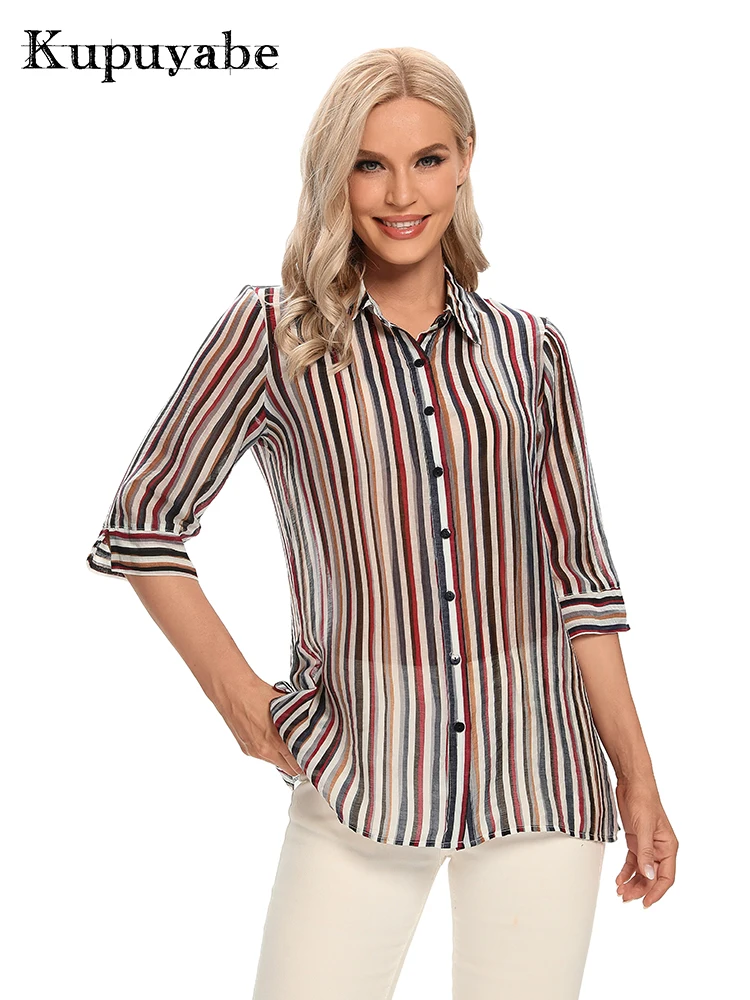 

KUPUYABE Women's Chiffon Shirt Polyester Stripe Shirt 3/4 Sleeve Lapel Casual Breathable Top