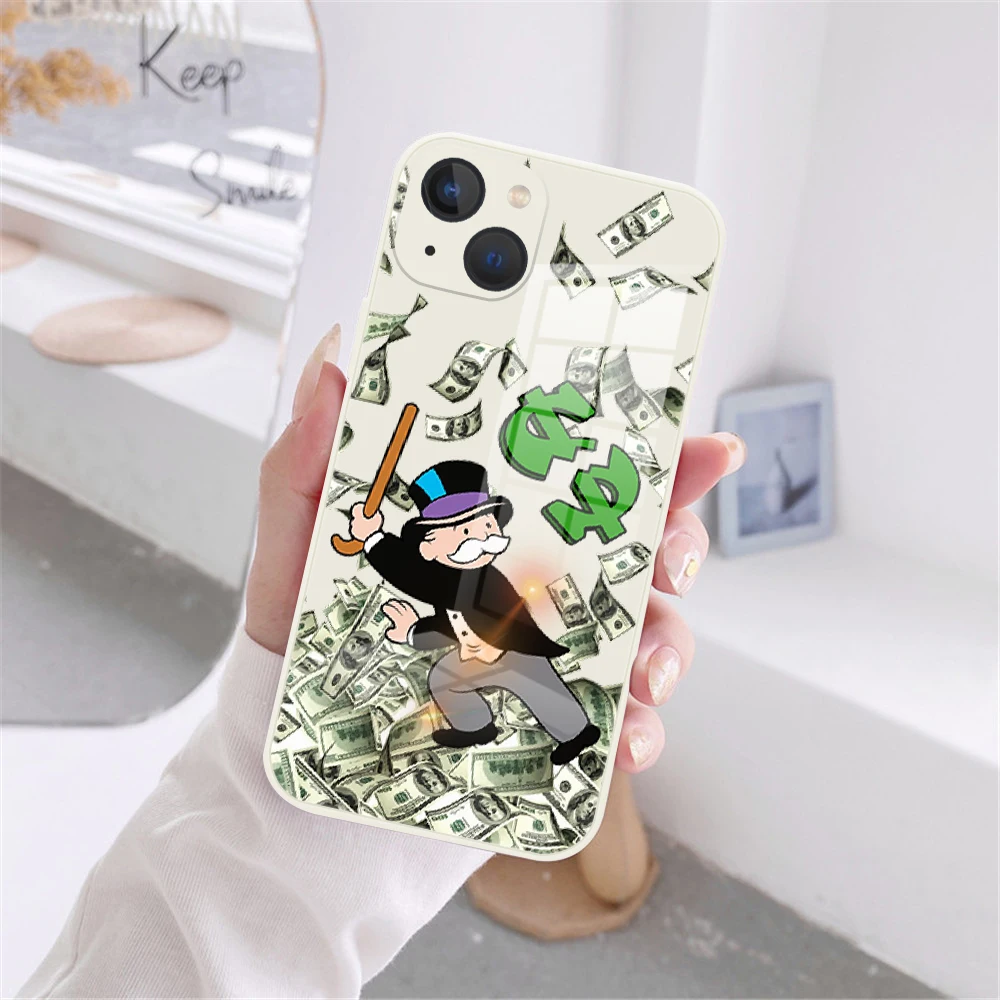 

Luxury Cartoon Dollar Monopoly White Toughened Glass Anti-fall Case Suitable for IPhone 14 13 12 11 Pro Max X XR XSMAX 8 7 Plus