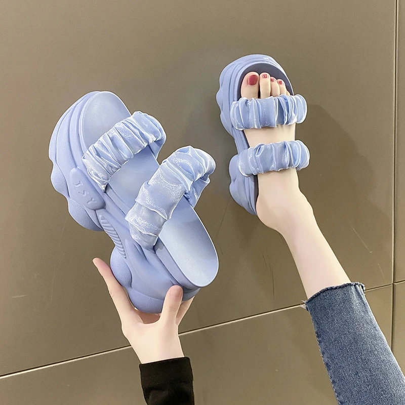 

Slippers Women Summer Female Shoes Increased Internal Platform Heeled Mules Slides Fashion 2022 Flat High Luxury PU Super