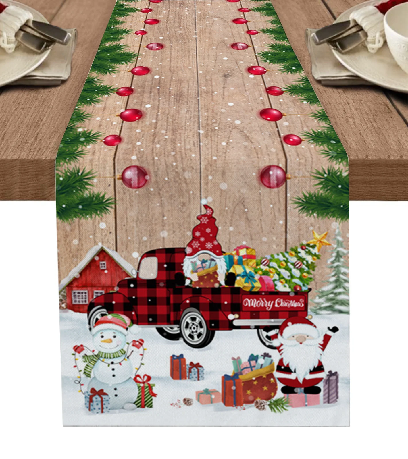 

Christmas Truck Snowman Gnome Table Runner Home Wedding Banquet Festival Party Hotel Table Decoration Table Cover