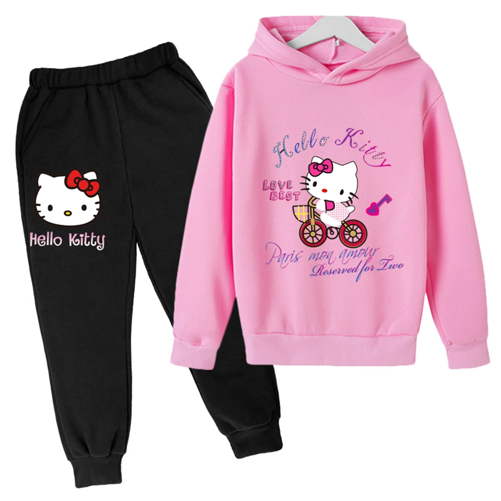 

2 PCs Suits Fashion Hoodies Hello Kitty Sweatshirt Teen Boys Autumn Hoodies For Children Clothing Sets Kawaii Girls Sweatshirts