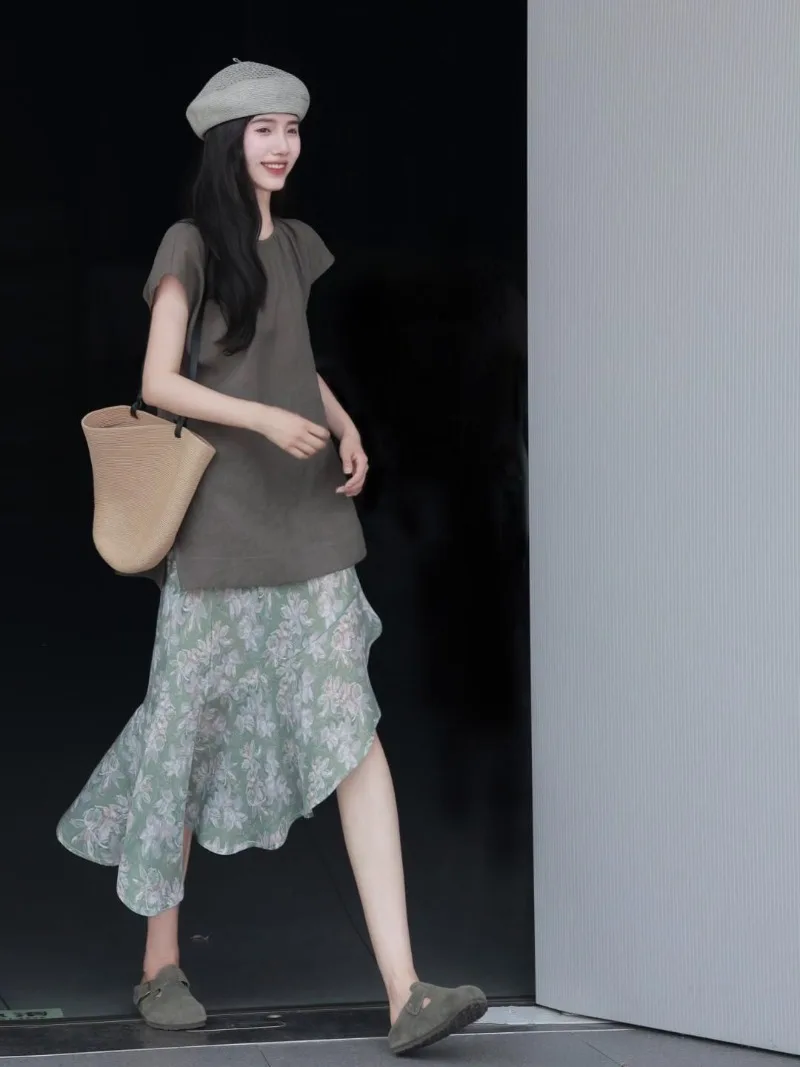 Модная женская летняя новая французская Однотонная юбка с коротким рукавом и