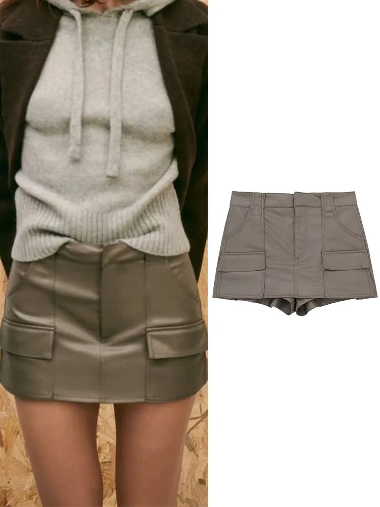 

TRAF Mini Lesure Style PU Shorts Skirts for Women Autumn Solid Hight Waist Zipper Shorts Skirts Chic Flip Pockets Decoration