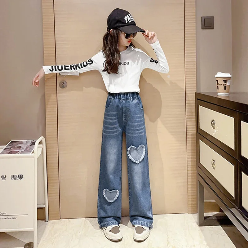 Новая мода для девочек-подростков джинсовые широкие брюки детские