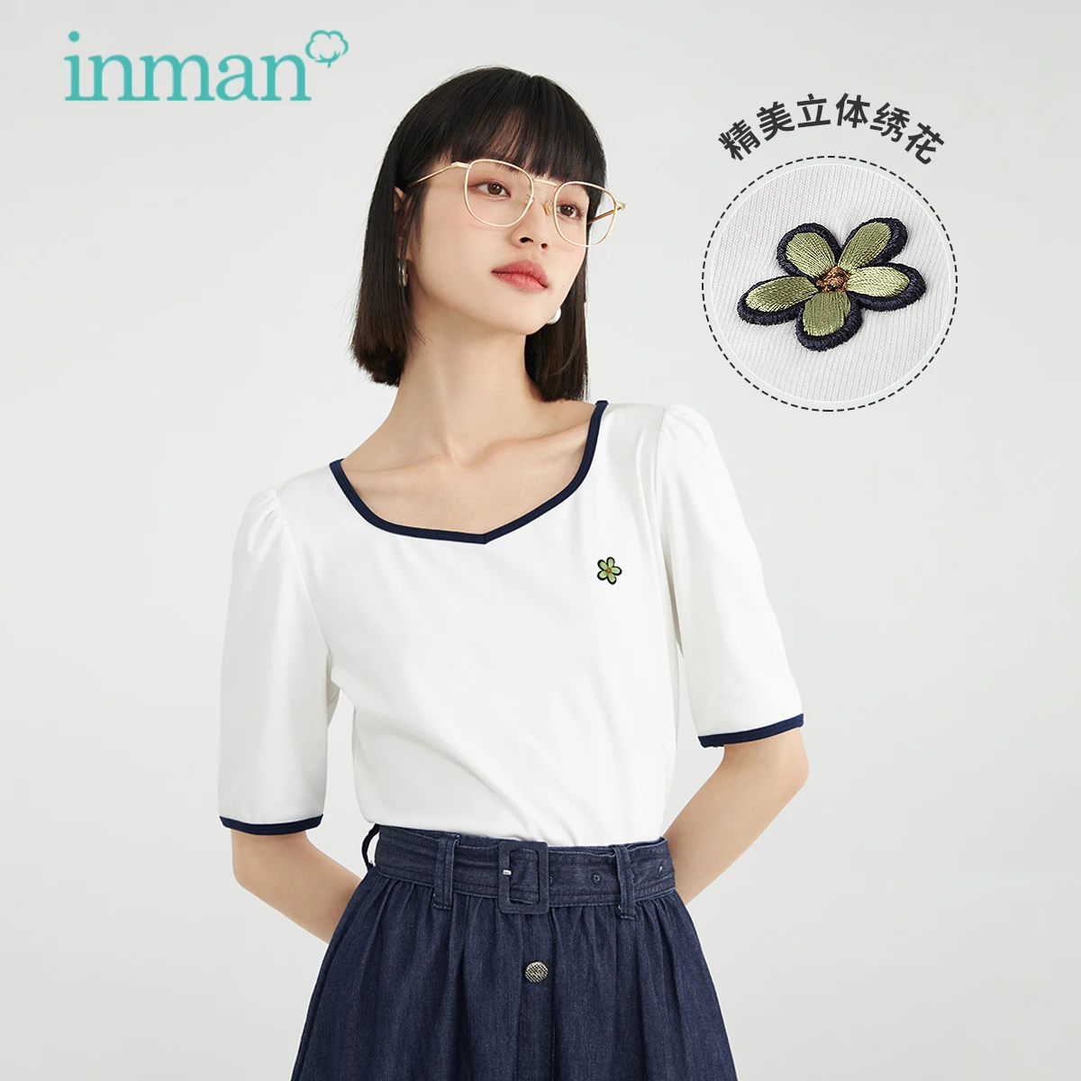 

Женские футболки INMAN, повседневные футболки с квадратным воротником и коротким рукавом, минималистичный топ с вышивкой, женская одежда, вес...