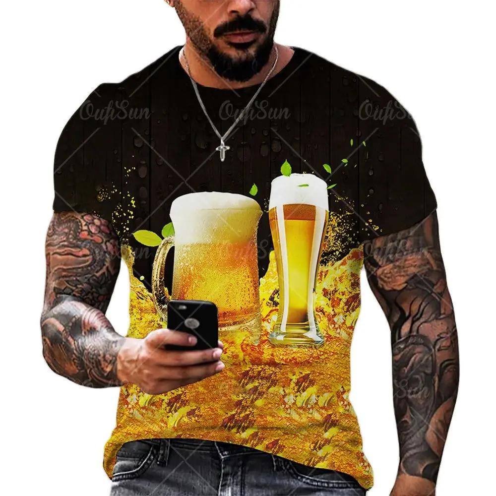 

Футболка мужская с 3D-принтом пива, дышащая Свободная рубашка из полиэстера, с круглым вырезом и коротким рукавом, футболка оверсайз, одежда 6XL, на лето