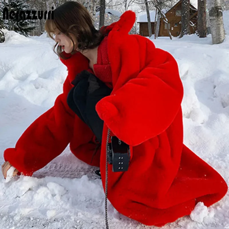 

Nerazzurri Oversized Red Thick Warm Soft Fluffy Faux Fur Coat Women Raglan Seeve Stylish Thick Long Fur Coats for Winter