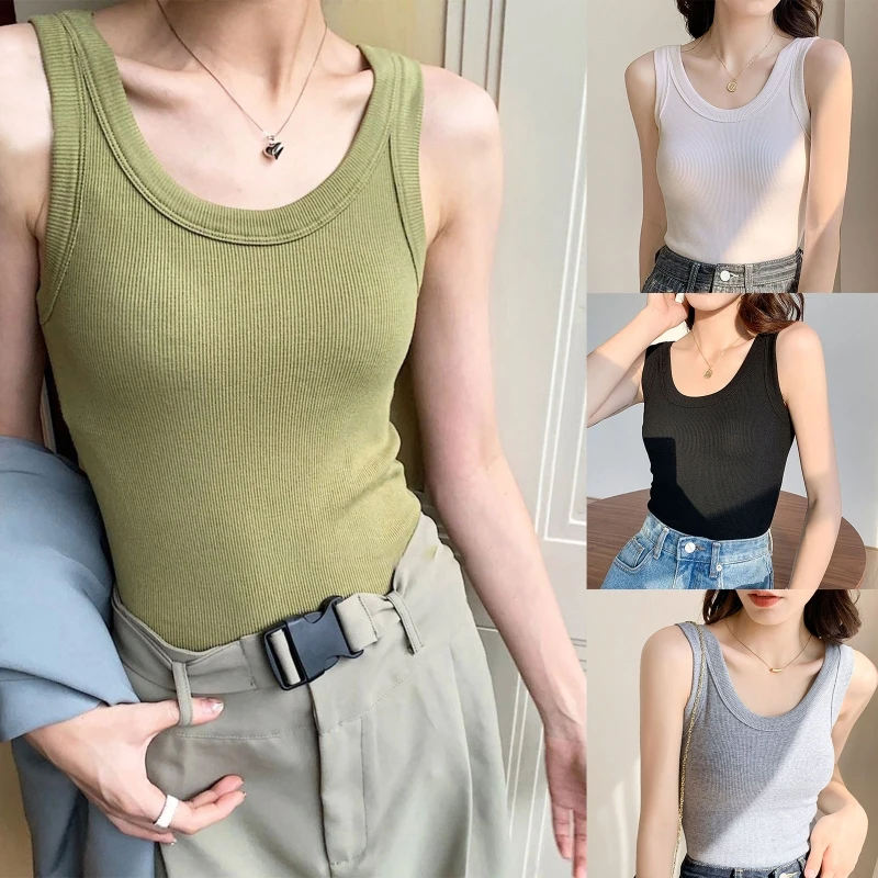 

New style Women Spring Summer Sleeveless Slim Fit Tank Top Ribbed Knitted Scoop Neck Racerback Vest Plain Solid Color Basic