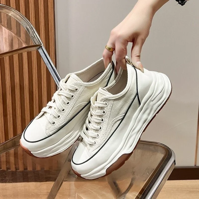 

Ladies Sneakers Summer 2022 New Canvas Fashion Thick Sole Casual Low Heel Round Toe Lace Up Rubber Comfortable Women's Shoes