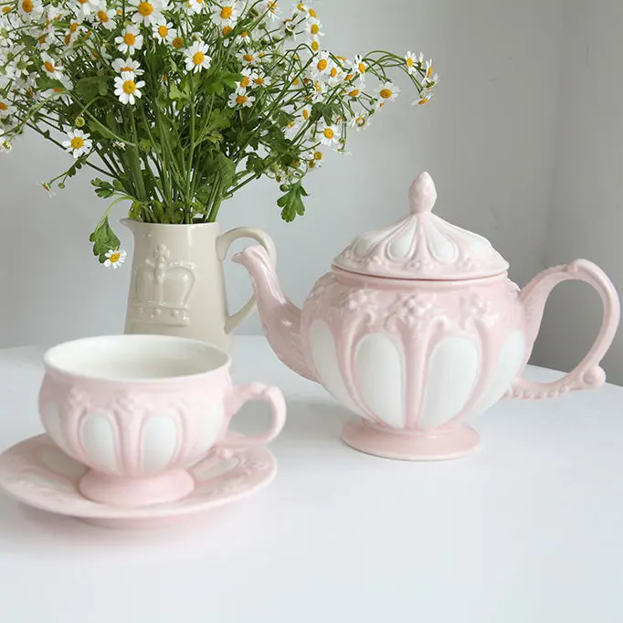European temperature ceramic coffee cup and saucer retro matte coffee cup set english tea set tea set porcelain pink tea set