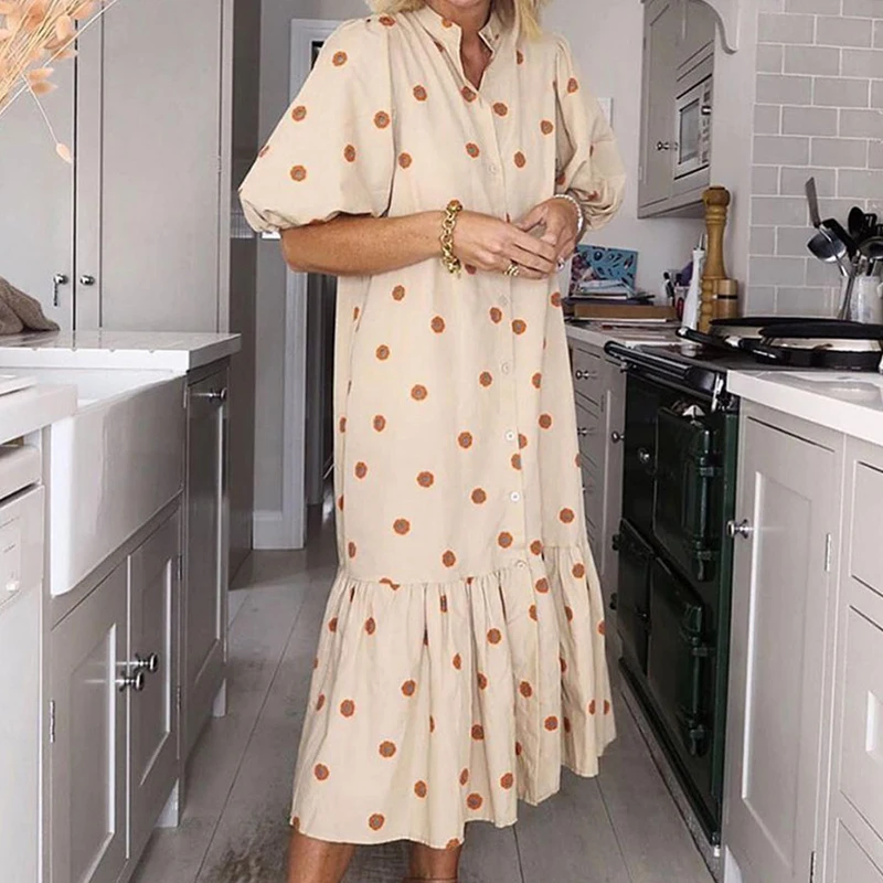 

Women Fashion Polka Dot Summer Single-breasted V Neck Dress Casual Loose Dresses Sweet Lantern Short Sleeve Pleated Hem Dress