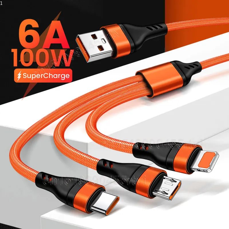 

Кабель зарядный 3 в 1, Micro USB Type-C, 6 А, для iPhone 14, 13, Samsung, Xiaomi, Huawei