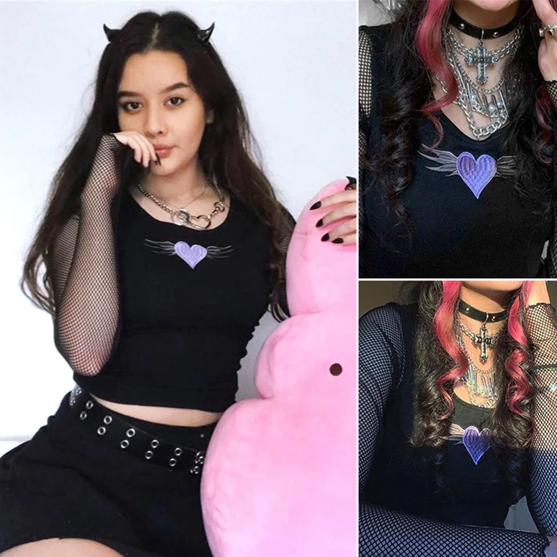 

Women Cropped Heart Shape Embroidery T Shirt Summer Mesh Sleeve Patchwork Tee Shirt Crop Tops