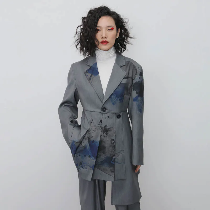 

SuperAen Ink Printing Pleated Hem Suit Jacket Fashion Asymmetric Women Blazers and Jackets