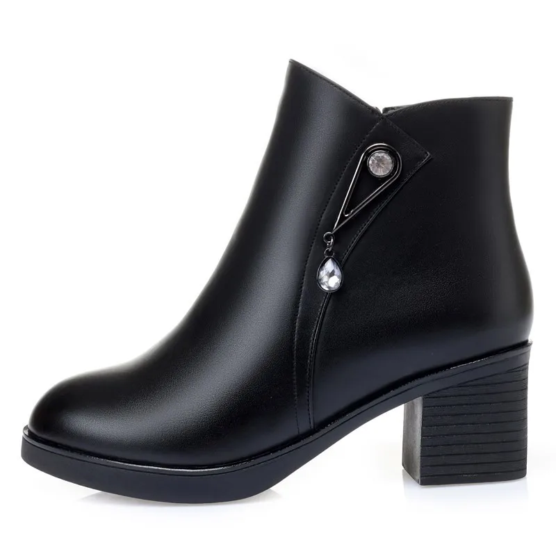 AIYUQI Ankle Boots Women Winter Genuine Leather Wool Warm High Heel Women Snow Boots Thick Heel Mother Plus Size Women’s Boots