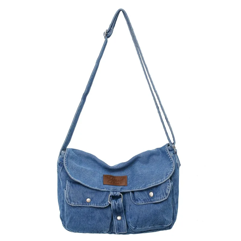 

Japan Style Denim Messenger Bag New Large Capacity College Style Women Shoulder Bag Tooling Wind Multi Pocket Crossbody Bags