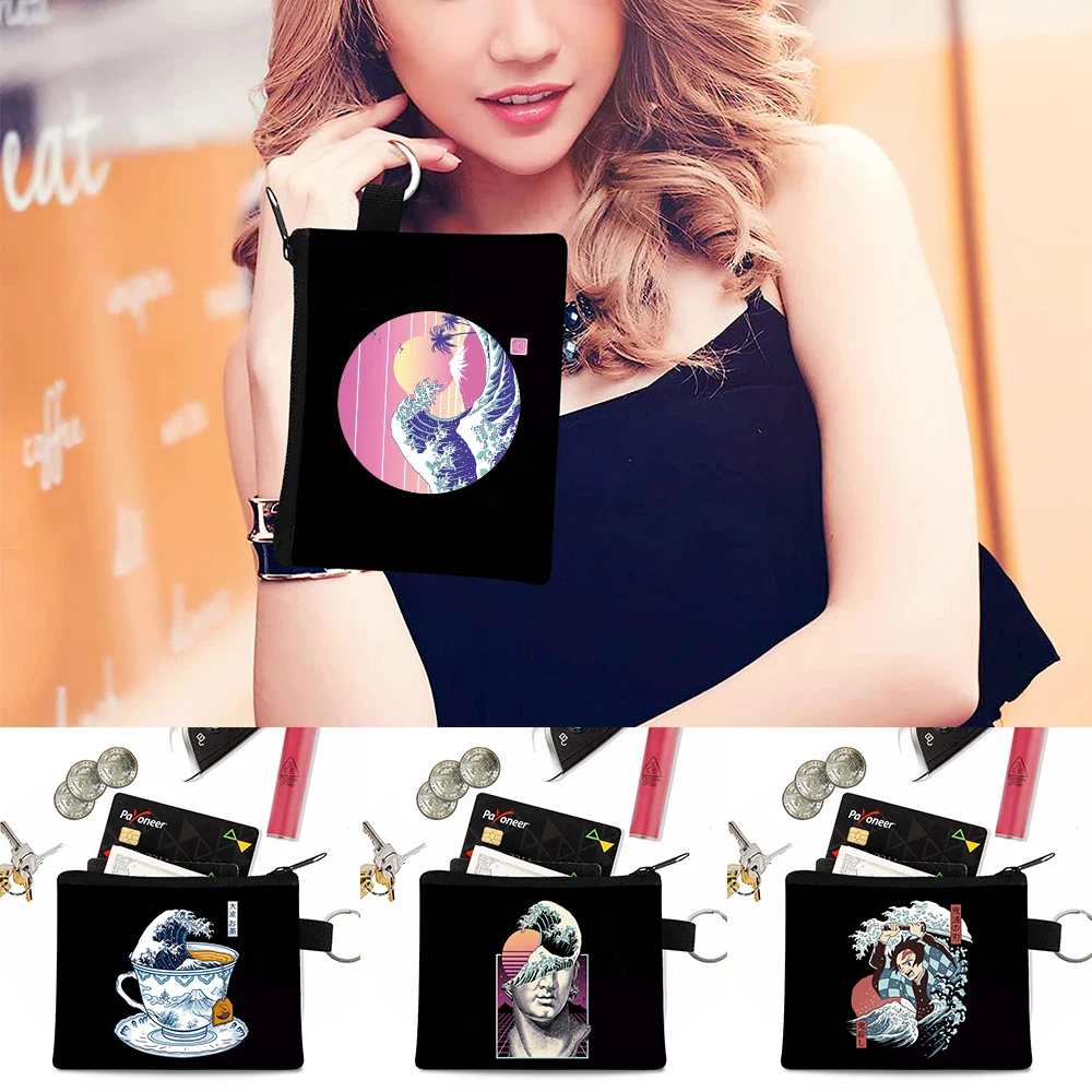 

Fashion Wave Pattern Coin Purses Canvas Wallet Earphone Coin Key Money Storage Bag Clutch with Zipper Portable Organizer Pouch