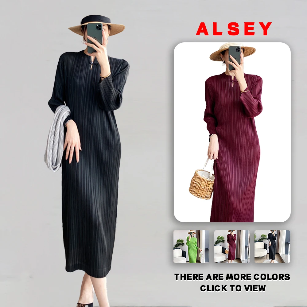 

Miyake Pleated Dress Female Spring and Autumn New Solid Color Long-sleeved Fashion Slim Thin Section of The Medium-length Skirt