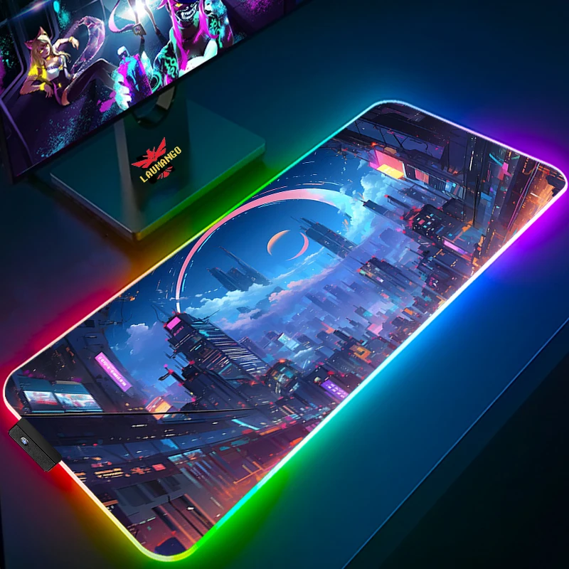 

Desk Mat The City of Neon Anime Mouse Pad Gaming Mousepad Xxl Backlight Computer and Office Accessories Gamer Keyboard Deskmat