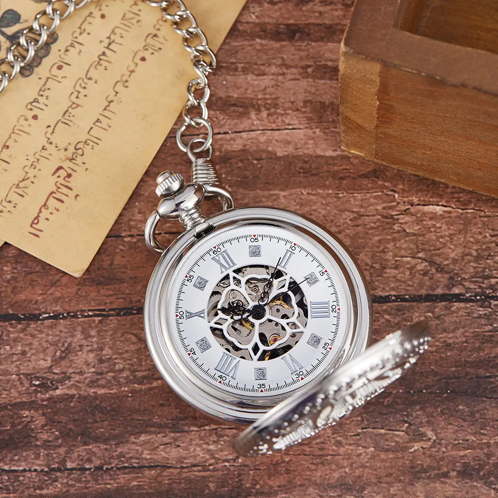 Vintage Luxury Brand Golden Silver Design Skeleton Mechanical Pocket Watch Men Antique UniqueNecklace Pocket & Fob Watches Chain