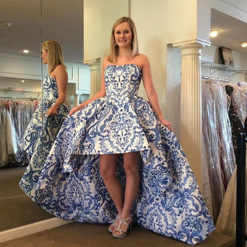 

Elegant Long Blue Satin Printed Prom Dresses with Pockets Strapless High Low Corset Back Formal Party Dresses for Women