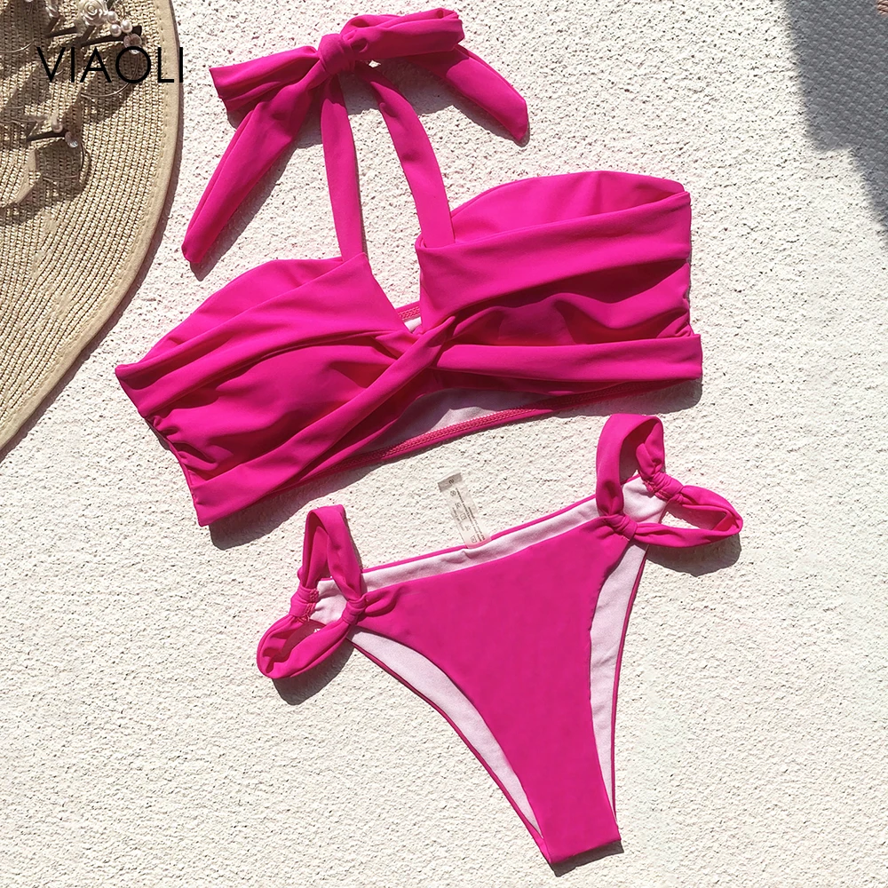 

High Cut Beachwear Bikini Swimming Dark Pink Cross Halter Sexy Cutout Swimsuit Suit Strap Folds Summer Women's Beachwear Set