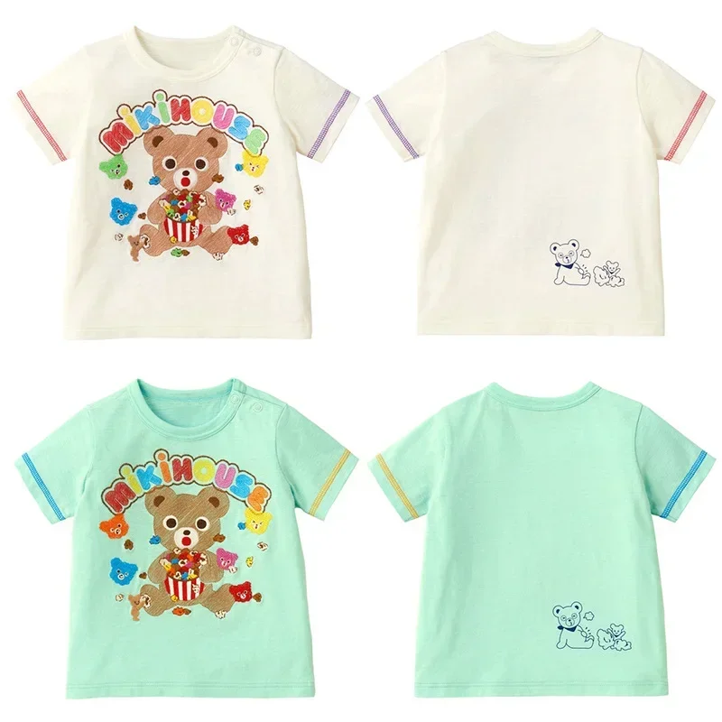 

Летняя Новинка 2023, Детская футболка Miki с коротким рукавом и вышивкой в виде мультяшного медведя и попкорна, с круглым вырезом