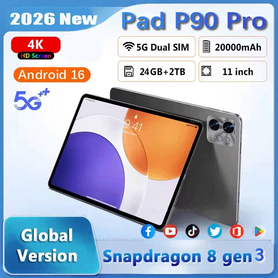Фото 2026 НОВЫЙ планшет Pad P90 Pro, 11 дюймов, 24 ГБ + 2 ТБ, планшеты, Android 16, Snapdragon8gen3, планшетный ПК, распознавание лиц, 20000 мАч, 5G, двойная SIM-карта №1