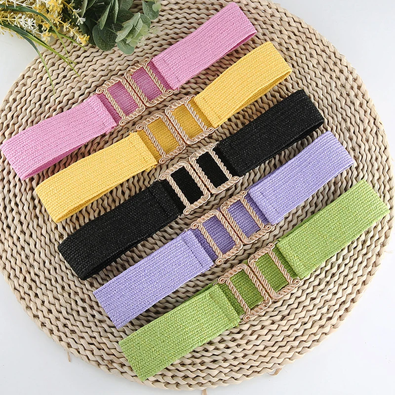 

Belts For Women Vintage Boho Braided Waist Belt Black Coffee Female Wide Belt Smooth Buckle Fake Straw