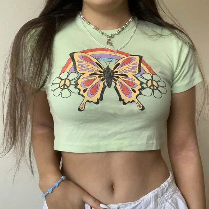

Women's Butterfly Rainbow Flower Print Crop Tops Round Neck Short Tops Short Sleeve Casual Navel T-Shirt Summer Shirt Tee Green