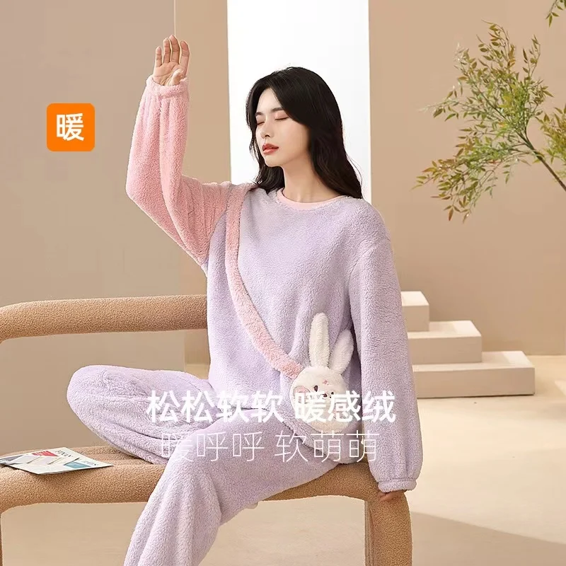 Pajama Winter Velvet Thickened Coral Velvet Cute Cartoon Round Neck Double-sided Velvet Pajama Suit Wearing Women's Pajamas