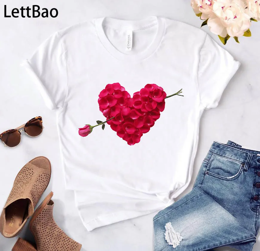 

Heart Flower Print Women Summer T-shirt Ladies Casual White Shirt Love Graphic Printing Streetwear Ulzzang Short Sleeve T-shirt