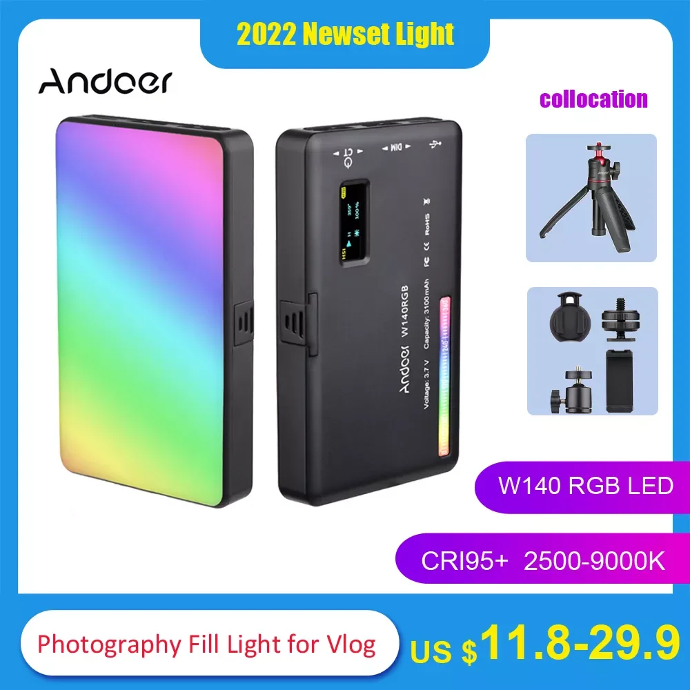

Andoer W140 RGB LED Video Light Photography Fill Light CRI95+ 2500-9000K LCD Display Cold Shoe for Vlog Live Streaming Video