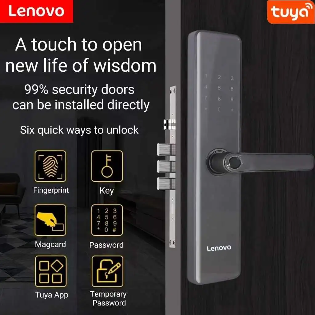 

Lenovo Wifi Electronic Smart Door Lock With Tuya APP Biometric Fingerprint/Smart Card/Password/Key Unlock/Temporary Passwor/USB