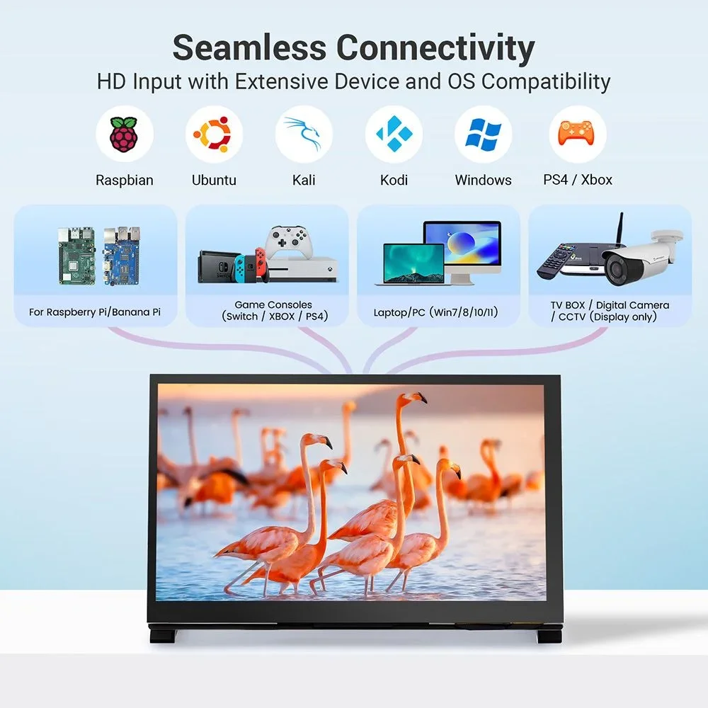 Фото 7-дюймовый IPS DSI сенсорный экран 1024*600, монитор с 5-точечным емкостным управлением, совместимый с RPI 5, 4B, 3B+, 3B/BB, черный, с профессиональной подставкой №2