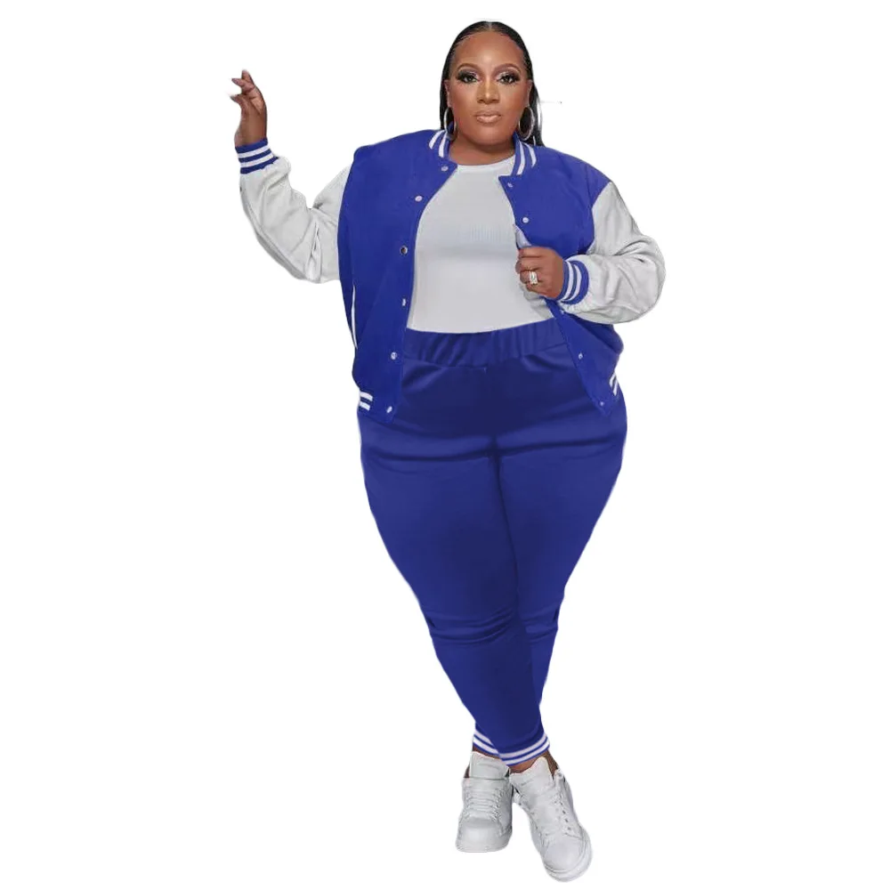Plus Size Patchwork Casual Two Piece Set Long Sleeve Single Breasted Baseball Top Pencil Pants Women Tracksuit Fashion Clothings
