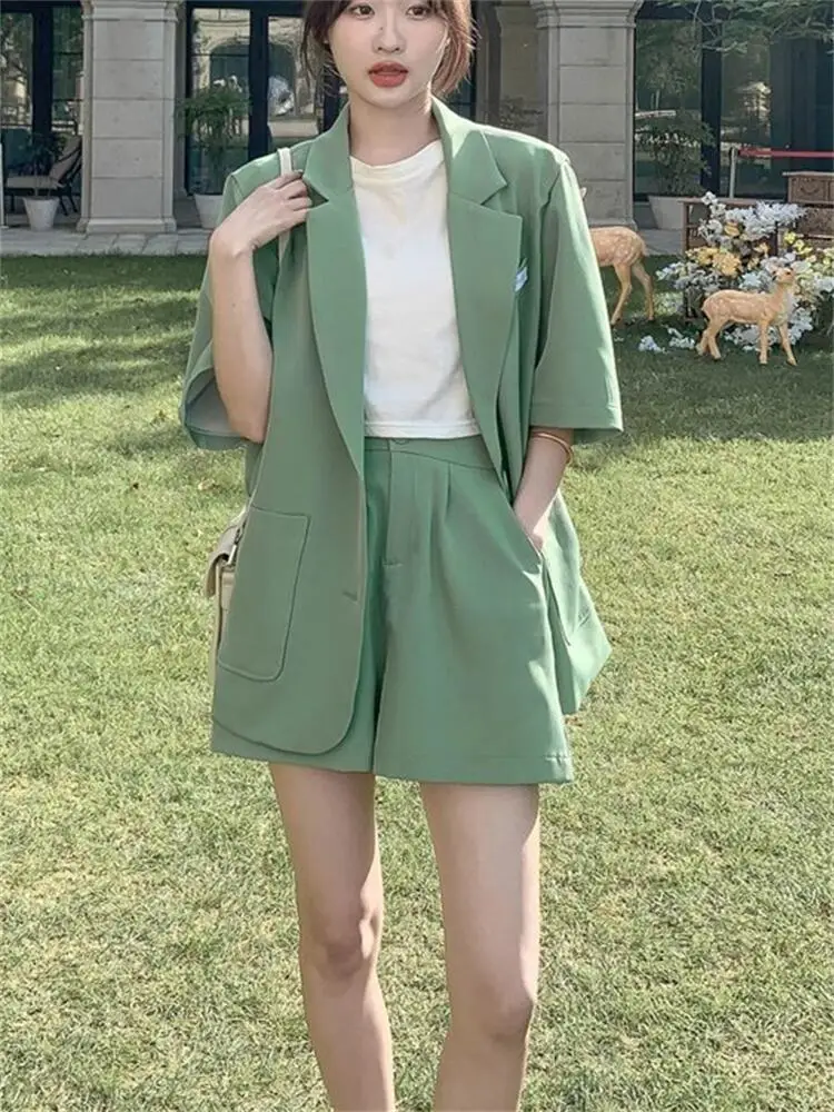 

2022 Women Summer 2-piece Causal Blazer Shorts Set Girls Green Suit