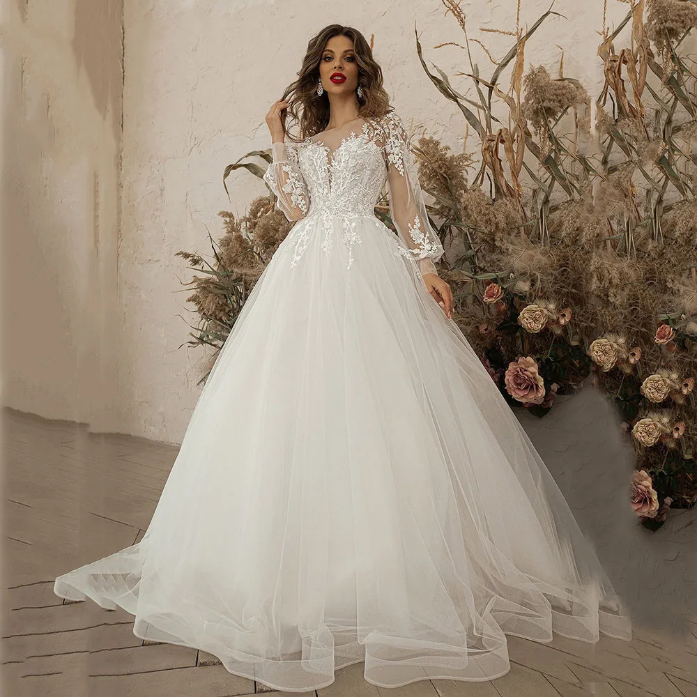 

Ivory Princess Wedding Dresses Long Sleeve Appliques Lace Tulle Boho Bride Gown vestidos2023