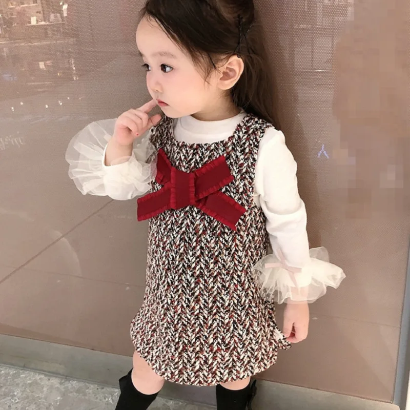 

Baby Girls Spring Autumn Clothing Set Mesh Sleeves Shirts + Big Bow Plaid Dress British Style Elegant Birthday Girl Suits 2Pcs
